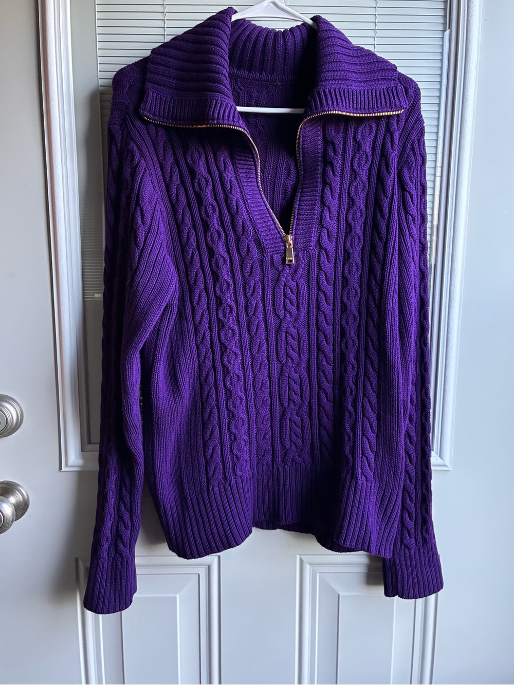 Lauren Ralph Lauren 100% Cotton Heavyweight Cable Knit Quarter Zip Royal Purple
